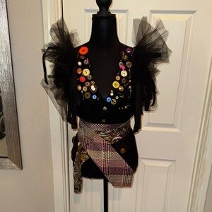 H&M Black Blouse with Multicolor Buttons and Tulle Accents